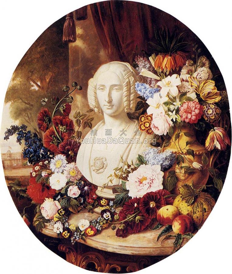 A Still Life With Assorted Flowers Fruit And A Marble Bust Of A Woman - 维尔·赛多利斯